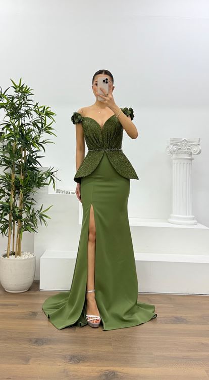 Olive Simli Çiçek Askılı Peplum Kesim Uzun Abiye Elbise