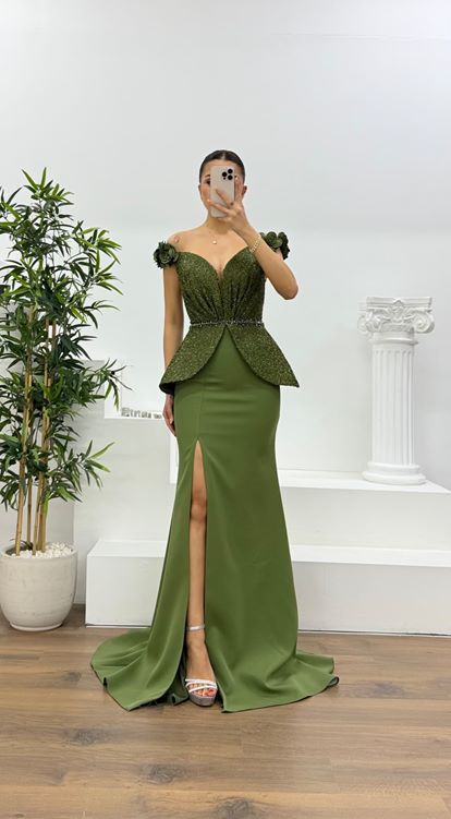 Olive Simli Çiçek Askılı Peplum Kesim Uzun Abiye Elbise
