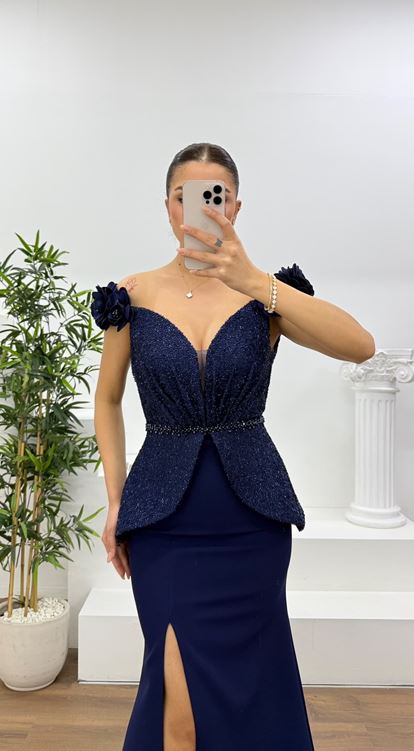 Lacivert Simli Çiçek Askılı Peplum Kesim Uzun Abiye Elbise