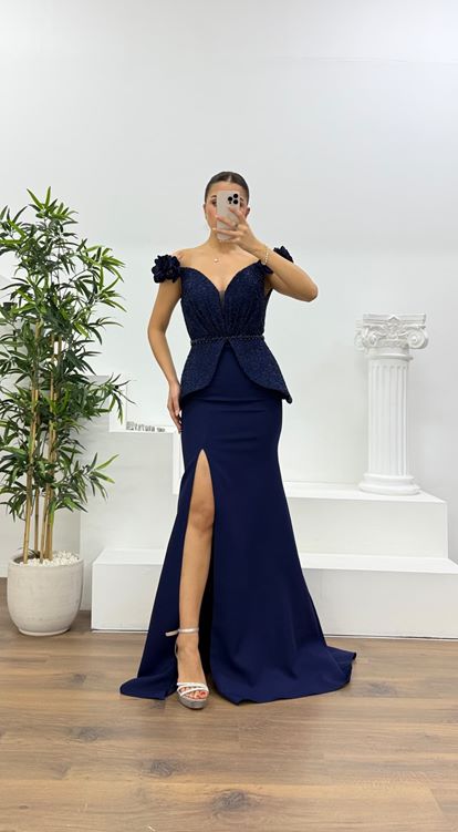 Lacivert Simli Çiçek Askılı Peplum Kesim Uzun Abiye Elbise