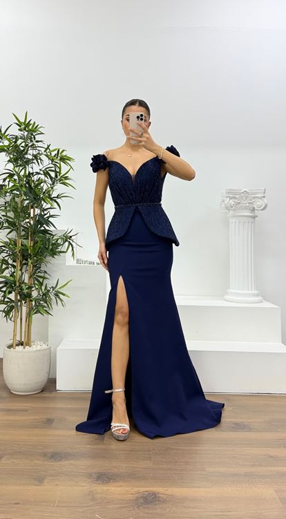 Lacivert Simli Çiçek Askılı Peplum Kesim Uzun Abiye Elbise