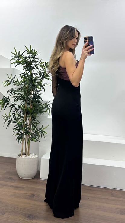 Siyah-Bordo Drapeli Taş İşlemeli Kalem Abiye Elbise