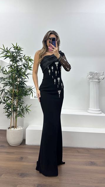 Siyah Drapeli Taş İşlemeli Kalem Abiye Elbise