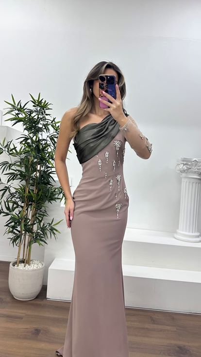 Vizon Drapeli Taş İşlemeli Kalem Abiye Elbise