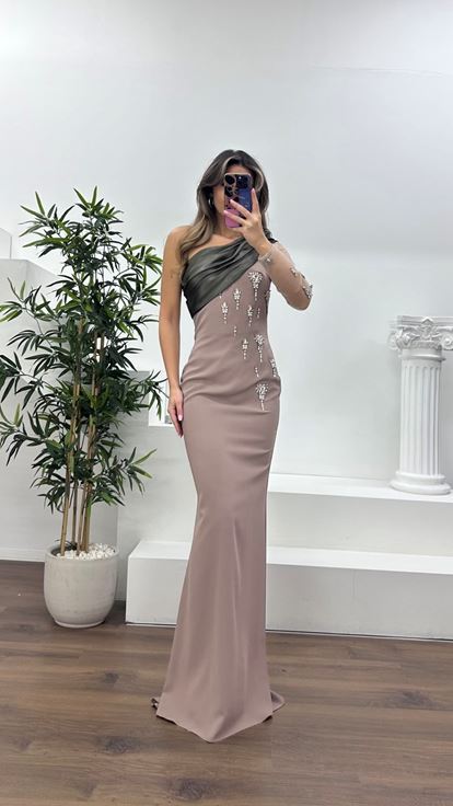 Vizon Drapeli Taş İşlemeli Kalem Abiye Elbise