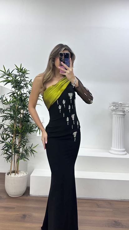 Siyah-Olive Drapeli Taş İşlemeli Kalem Abiye Elbise