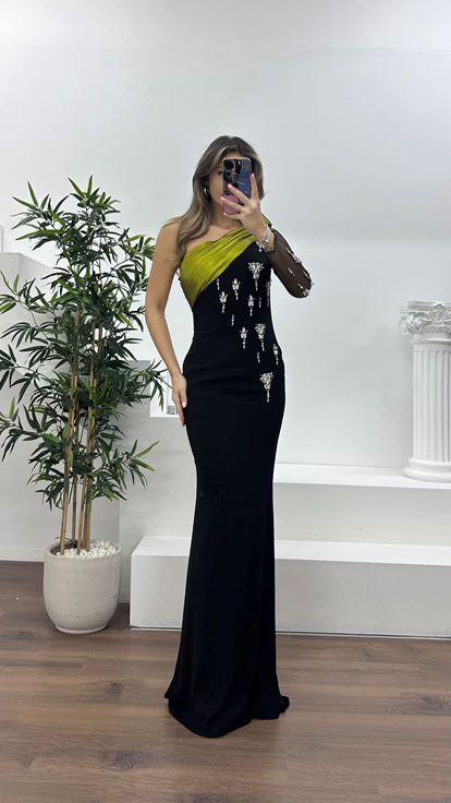 Siyah-Olive Drapeli Taş İşlemeli Kalem Abiye Elbise