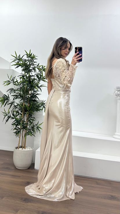 Nude Dantelli Tek Omuz, Drapeli ve Kuyruklu Abiye Elbise