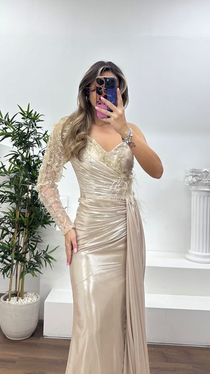 Nude Dantelli Tek Omuz, Drapeli ve Kuyruklu Abiye Elbise