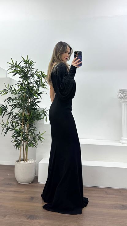 Siyah Pileli Tek Omuz,Çiçeklerle Süslenmiş Drapeli Abiye Elbise