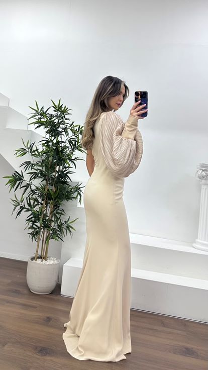 Nude Pileli Tek Omuz,Çiçeklerle Süslenmiş Drapeli Abiye Elbise