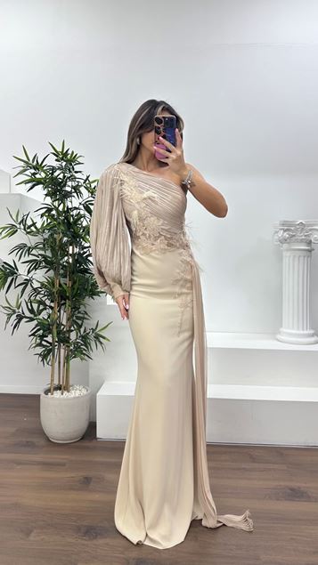 Nude Pileli Tek Omuz,Çiçeklerle Süslenmiş Drapeli Abiye Elbise