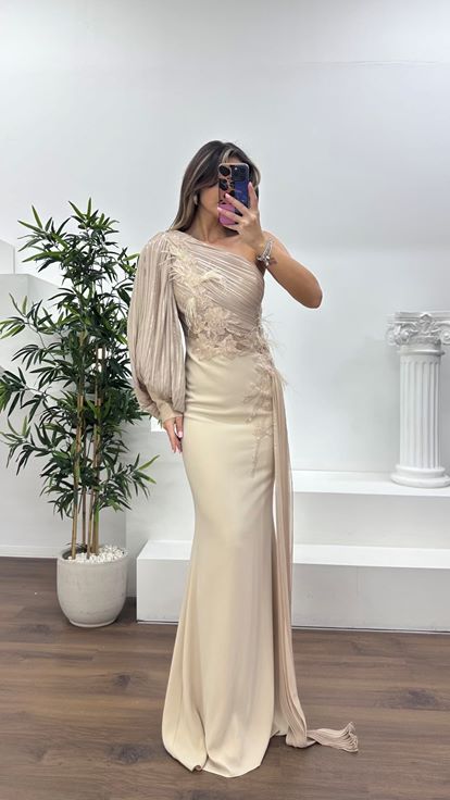 Nude Pileli Tek Omuz,Çiçeklerle Süslenmiş Drapeli Abiye Elbise