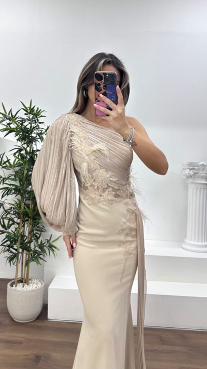 Nude Pileli Tek Omuz,Çiçeklerle Süslenmiş Drapeli Abiye Elbise