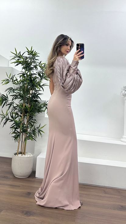 Vizon Pileli Tek Omuz,Çiçeklerle Süslenmiş Drapeli Abiye Elbise