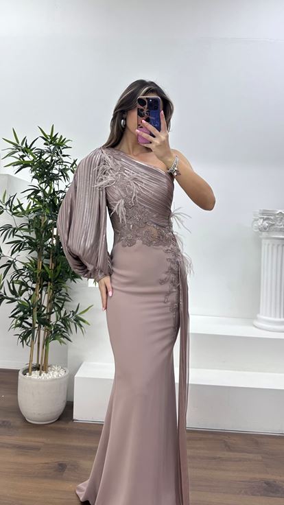 Vizon Pileli Tek Omuz,Çiçeklerle Süslenmiş Drapeli Abiye Elbise