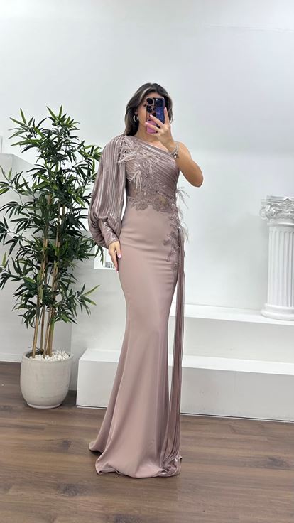 Vizon Pileli Tek Omuz,Çiçeklerle Süslenmiş Drapeli Abiye Elbise