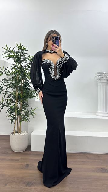 Siyah V Yaka Dekolteli Tül Balon Kollu Abiye Elbise