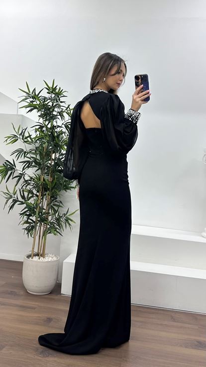 Siyah V Yaka Dekolteli Tül Balon Kollu Abiye Elbise