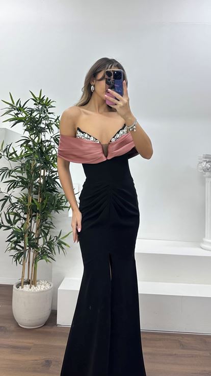 Siyah-Tarçın Straplez Yaka, Dökümlü Yan Kol Detaylı Abiye Elbise