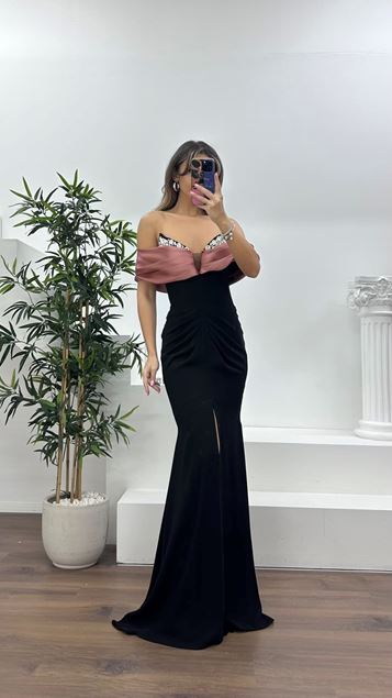 Siyah-Tarçın Straplez Yaka, Dökümlü Yan Kol Detaylı Abiye Elbise