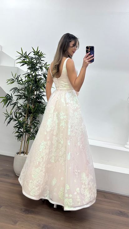 Pudra A-Kesim Etekli, Çiçek Baskılı Zarif Abiye Elbise