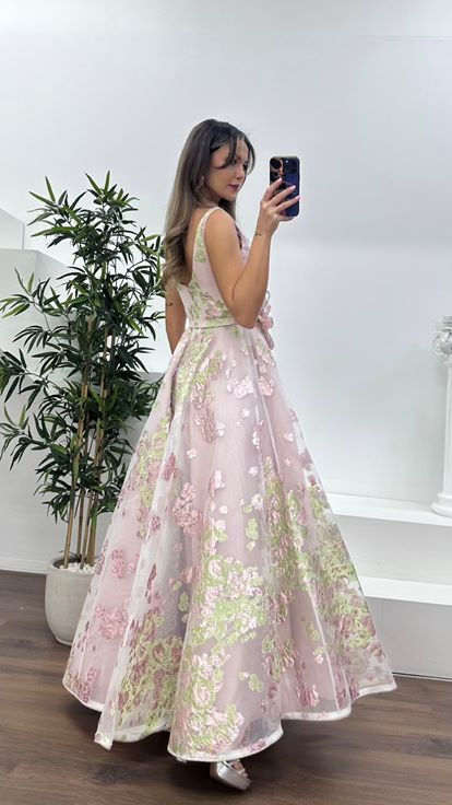 Gül Kurusu A-Kesim Etekli, Çiçek Baskılı Zarif Abiye Elbise