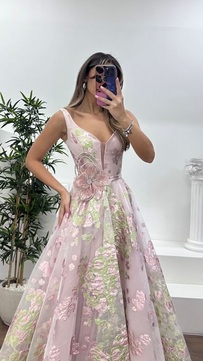 Gül Kurusu A-Kesim Etekli, Çiçek Baskılı Zarif Abiye Elbise