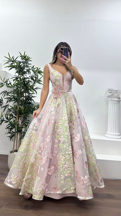 Gül Kurusu A-Kesim Etekli, Çiçek Baskılı Zarif Abiye Elbise