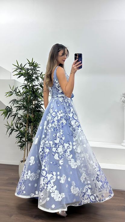 İndigo A-Kesim Etekli, Çiçek Baskılı Zarif Abiye Elbise