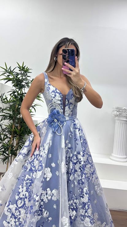 İndigo A-Kesim Etekli, Çiçek Baskılı Zarif Abiye Elbise