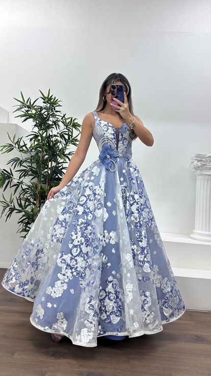 İndigo A-Kesim Etekli, Çiçek Baskılı Zarif Abiye Elbise