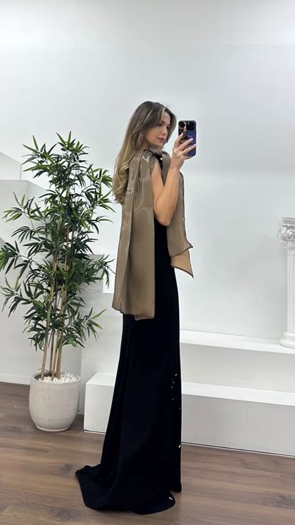 Siyah-Vizon Şal Formunda Omuzdan Drapeli  Abiye Elbise