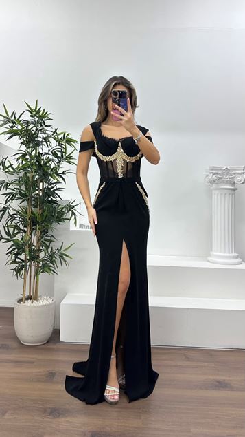 Siyah Transparan Korse Detaylı Krep Kumaş Abiye Elbise