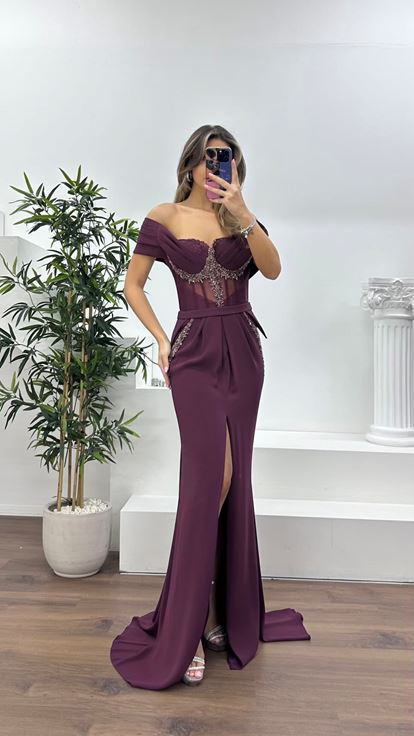 Bordo Transparan Korse Detaylı Krep Kumaş Abiye Elbise