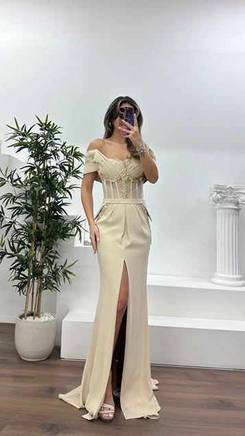 Nude Transparent Corset Detail Crepe Fabric Evening Dress