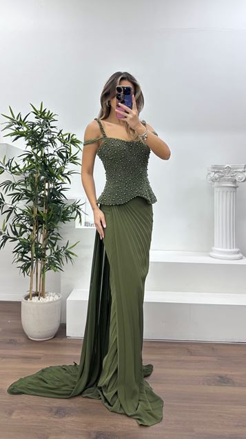 Nefti İnci Detaylı Zarif Kesim Şifon Abiye Elbise