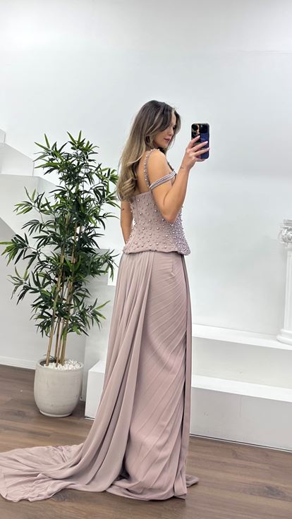 Vizon İnci Detaylı Zarif Kesim Şifon Abiye Elbise