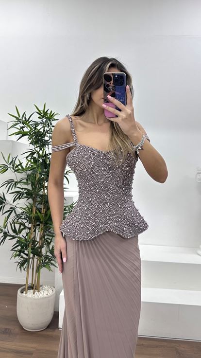 Vizon İnci Detaylı Zarif Kesim Şifon Abiye Elbise