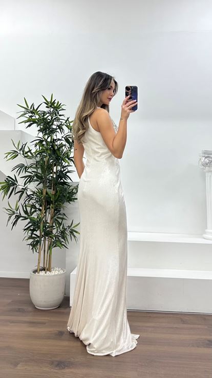 Kemik Taş İşlemeli Drapeli Saten Abiye Elbise