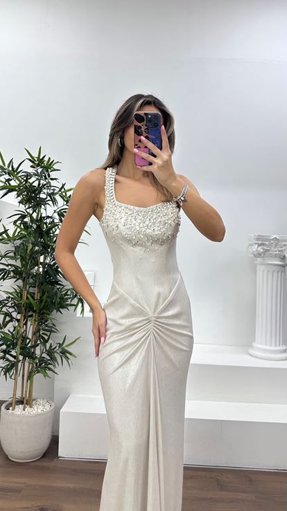 Kemik Taş İşlemeli Drapeli Saten Abiye Elbise