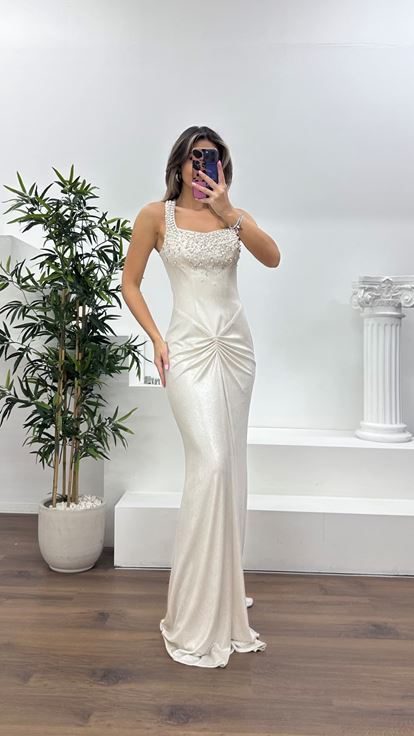 Kemik Taş İşlemeli Drapeli Saten Abiye Elbise