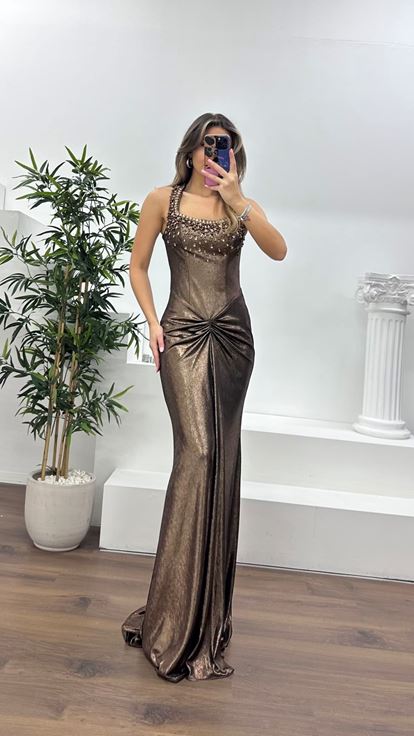 Bakır Taş İşlemeli Drapeli Saten Abiye Elbise