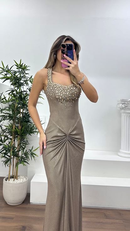 Vizon Taş İşlemeli Drapeli Saten Abiye Elbise