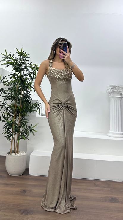 Vizon Taş İşlemeli Drapeli Saten Abiye Elbise