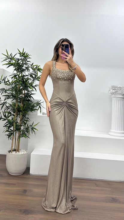 Vizon Taş İşlemeli Drapeli Saten Abiye Elbise