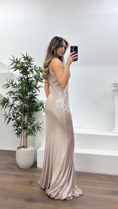 Nude Taş İşlemeli Drapeli Saten Abiye Elbise