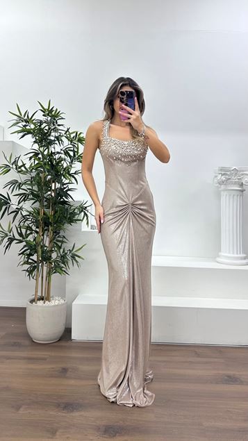 Nude Taş İşlemeli Drapeli Saten Abiye Elbise