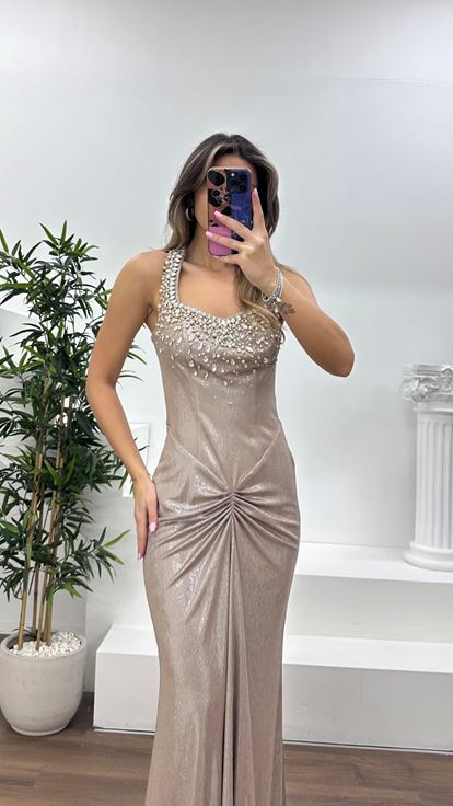 Nude Taş İşlemeli Drapeli Saten Abiye Elbise