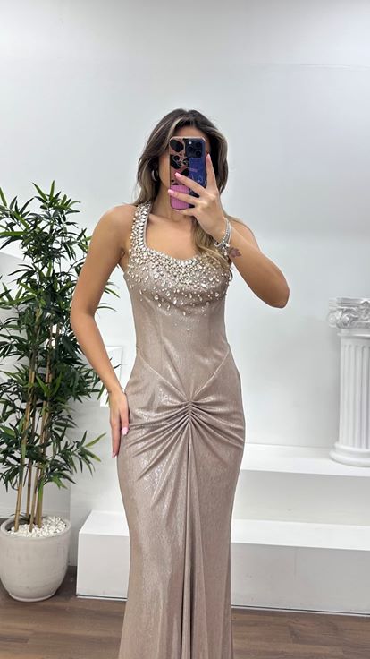 Nude Taş İşlemeli Drapeli Saten Abiye Elbise